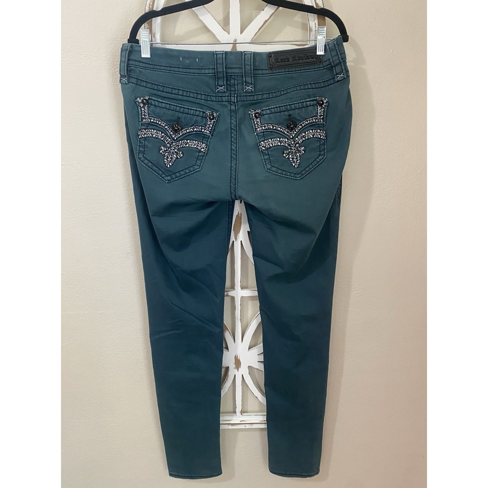 Rock Revival Karla Skinny Jeans Size 30 Teal Metallic Embroidered Pockets *J318